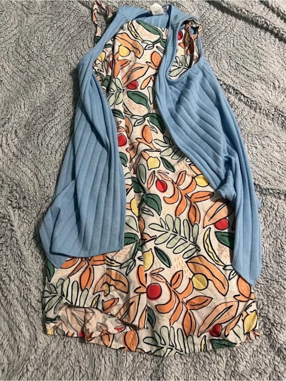 Light Blue Ribbed Girls Cardigan with Multicolor Floral Lining